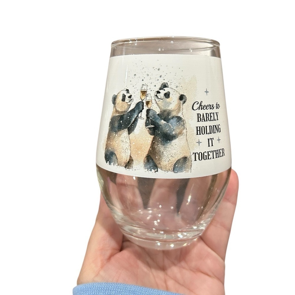 Panda Themed “Cheers to barely holding it together”Stemless Wine Glass